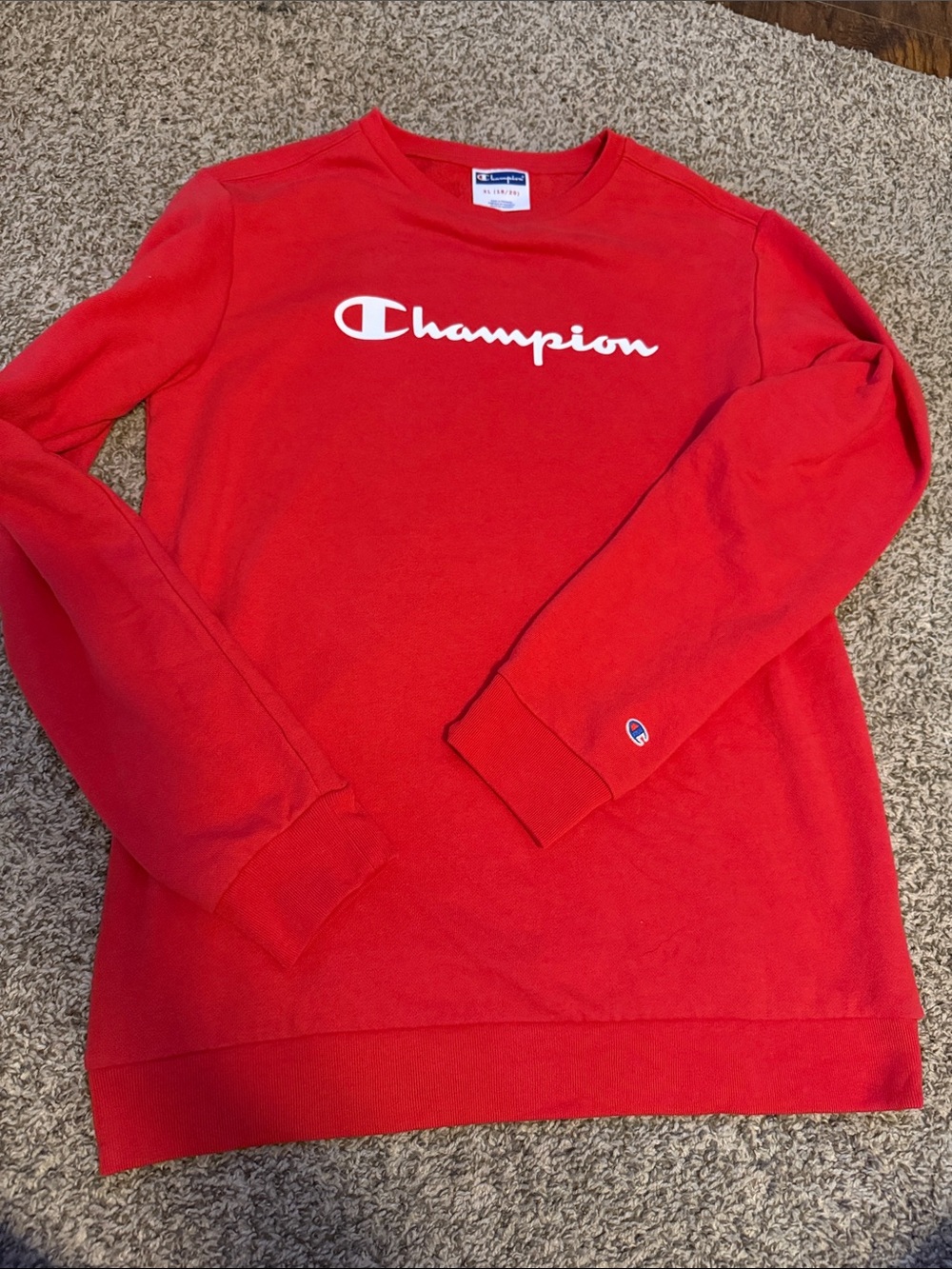 Champion Boys Red Crewneck Sweatshirt with White Script Logo